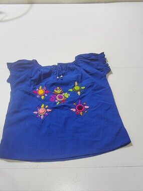 Girls Blue Mexican Embroidered Blouse Top Boho Peasant Flower Size 14
